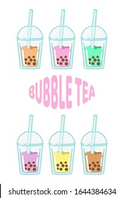 Bubble milk tea. A sweet cold drink with tapioca pearl balls. Asian street food from Taiwan. Assortment of different fruit flavors. Isolated clipart set