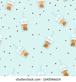 Bubble milk tea. A sweet cold drink with tapioca pearl balls. Asian street food from Taiwan. Seamless background with pattern.