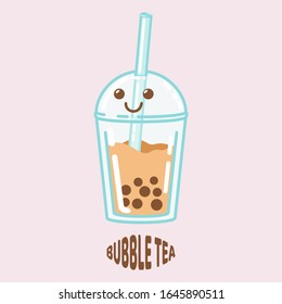 Bubble milk tea. A sweet cold drink with tapioca pearl balls. Asian street food from Taiwan. Isolated cartoon illustration. Funny mascot character with a smile.