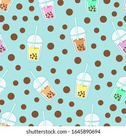 Bubble milk tea. A sweet cold drink with tapioca pearl balls. Asian street food from Taiwan. Assortment of different fruit flavors. Seamless background with pattern.