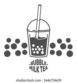 Bubble milk tea. A sweet cold drink with tapioca pearl balls. Asian street food from Taiwan. Black and white minimalistic flat design. Isolated cartoon illustration