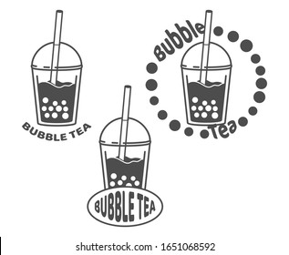 Bubble milk tea. A sweet cold drink with tapioca pearl balls. Asian street food from Taiwan. Black and white minimalistic flat design. Isolated cartoon illustration