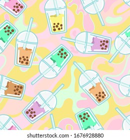 Bubble milk tea. A sweet cold drink with tapioca pearl balls. Asian street food from Taiwan. Assortment of different fruit flavors. Seamless background with pattern.