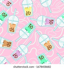 Bubble milk tea. A sweet cold drink with tapioca pearl balls. Asian street food from Taiwan. Assortment of different fruit flavors. Seamless background with pattern.