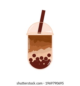 Bubble Milk Tea sweet drink. Fresh boba milk Tea and brown sugar added Taiwan pearl in plastic cup. Vector logo branding elements illustration.