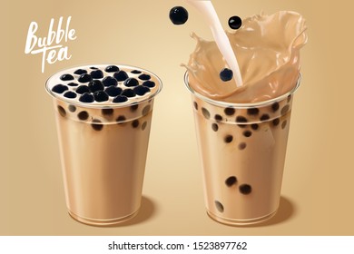 Bubble milk tea in takeaway cup, 3d illustration beverage