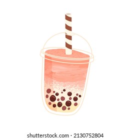 Bubble milk tea in takeaway glass with straw. Asian boba drink with fruit flavor. Cold cocktail, smoothie. Milky bubbletea. Tapioca beverage. Flat vector illustration isolated on white background