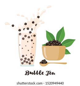 Bubble milk tea tapioca balls and leaf in flat style isolated on white background. Beverage from cassava plant. Vector illustration