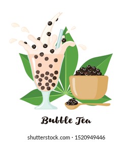 Bubble milk tea tapioca balls and leaf in flat style isolated on white background. Beverage from cassava plant. Vector illustration