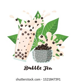Bubble milk tea tapioca balls and leaf in flat style isolated on white background. Beverage from cassava plant. Vector illustration