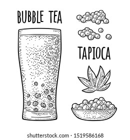 Bubble milk tea with tapioca pearl ball in glass and ingredients. Plate with boba. Vector black vintage engraving illustration isolated on white background. Hand drawn design element for label, poster