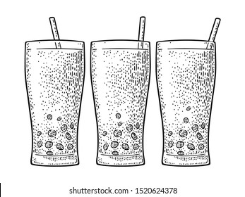 Bubble milk tea with tapioca pearl ball in glass. Vector black vintage engraving illustration. Isolated on white background. Hand drawn design element for label and poster