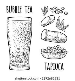 Bubble milk tea with tapioca pearl ball in glass and ingredients. Plate with boba. Vector black vintage engraving illustration isolated on white background. Hand drawn design element for label, poster