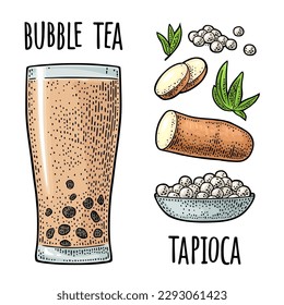 Bubble Milchtee mit Tapioca Perlball in Glas und Zutaten. Plate mit Boba. Vektorfarbige Vintage-Graviergrafik einzeln auf weißem Hintergrund. Handgezeichnetes Design-Element für Etiketten, Plakate