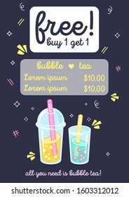 Bubble milk tea with tapioca pearls template. Buy 1 get 1 free promotion. Milk cocktails in plastic cup on dark blue background. Vector illustration