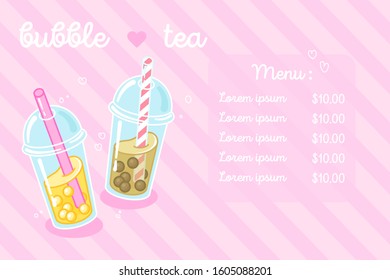 Bubble milk tea with tapioca pearls menu template. Milk cocktails in plastic cup on pink background. Vector illustration