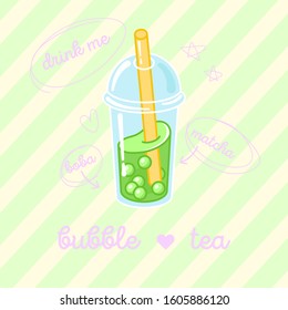 Bubble milk tea with tapioca pearls. Milk cocktail in plastic cup on green background. Matcha flavor. Can be used for greeting cards, party invitations or menu. Vector illustration