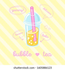 Bubble milk tea with tapioca pearls. Milk cocktail in plastic cup on yellow background. Banana flavor. Can be used for greeting cards, party invitations or menu. Vector illustration