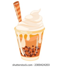 Bubble milk tea with tapioca pearls. Summer drink with the addition of tapioca liquid with cream and a straw. Boba milk tea, Pearl milk tea and yummy drink. Flat Vector Illustration