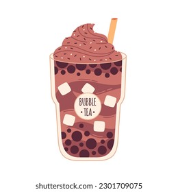 Bubble Milk Tea with tapioca pearls. Boba tea. Cold Asian Taiwanese drink. Summer cold drink. Hand drawn vector illustration