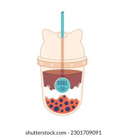 Bubble Milk Tea with tapioca pearls. Boba tea. Cold Asian Taiwanese drink. Summer cold drink. Hand drawn vector illustration