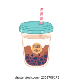 Bubble Milk Tea with tapioca pearls. Boba tea. Cold Asian Taiwanese drink. Summer cold drink. Hand drawn vector illustration