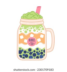 Bubble Milk Tea with tapioca pearls. Boba tea. Cold Asian Taiwanese drink. Summer cold drink. Hand drawn vector illustration