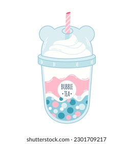 Bubble Milk Tea with tapioca pearls. Boba tea. Cold Asian Taiwanese drink. Summer cold drink. Hand drawn vector illustration