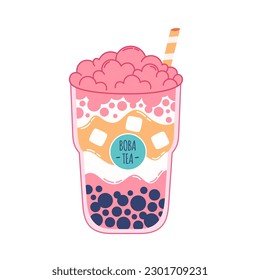 Bubble Milk Tea with tapioca pearls. Boba tea. Cold Asian Taiwanese drink. Summer cold drink. Hand drawn vector illustration