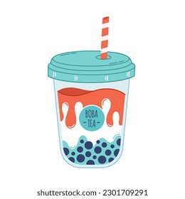 Bubble Milk Tea with tapioca pearls. Boba tea. Cold Asian Taiwanese drink. Summer cold drink. Hand drawn vector illustration