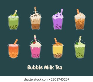 Bubble milk tea with tapioca pearls set. Asian Taiwanese drink. Cartoon vector illustration. 