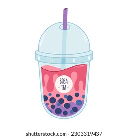 Bubble Milk Tea with tapioca pearls. Boba tea. Cold Asian Taiwanese drink. Summer cold drink. Hand drawn vector illustration