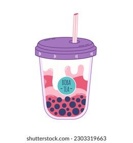 Bubble Milk Tea with tapioca pearls. Boba tea. Cold Asian Taiwanese drink. Summer cold drink. Hand drawn vector illustration