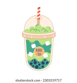 Bubble Milk Tea with tapioca pearls. Boba tea. Cold Asian Taiwanese drink. Summer cold drink. Hand drawn vector illustration