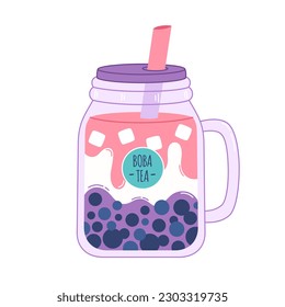 Bubble Milk Tea with tapioca pearls in jar. Boba tea. Cold Asian Taiwanese drink. Summer cold drink. Hand drawn vector illustration