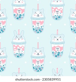 Bubble Milk Tea with tapioca pearls seamless pattern. Boba tea. Taiwanese drink. Summer cold drink. Vector illustration