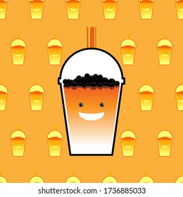 Bubble milk tea, Thai tea flavor. Seamless pattern of favorite ice drink. Very famous drink of Thailand, Taiwan and around the world. Black jelly made from Tapioca. Vector illustration with layers.