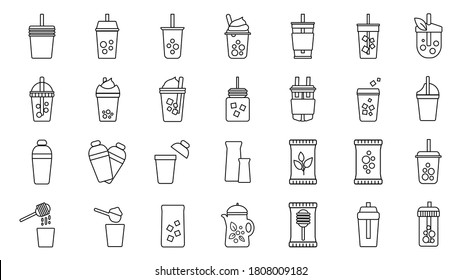 Bubble milk tea vector icon set. Simple flat design icon for boba tea, pearl milk tea, coffee cup, drinks accesories. Vector illustration.