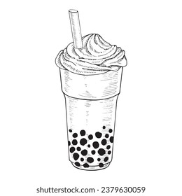 Bubble Milk Tea. Vector illustration of drink with boba pearls. Hand drawn clipart on isolated background. Linear drawing of tapioca cocktail. Outline sketch of asian cold beverage. Black line art