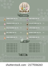 Bubble milk tea vector menu template. Bubble milk tea cartoon. Menu for cafe or restaurant.