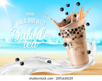 Bubble milk tea with wave splash and chocolate. Vector ad poster with milk tea drink. Boba tea with tapioca grains fall in transparent plastic cup and white liquid flow realistic 3d