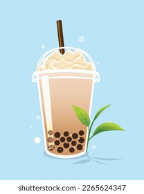 Bubble milk tea with whipped cream in take a way cup and tea leaf on blue background.