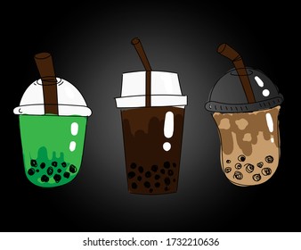 The bubble milk tea.Black pearl Cocoa milk tea and Bubble green tea is famous drink large size and small cup vector.hand drawn cartoon style.