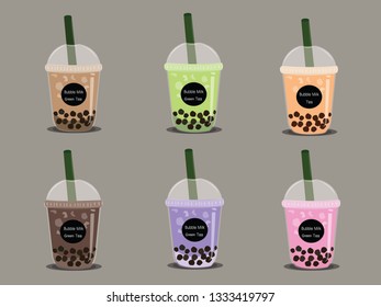 The bubble milk tea.Black pearl milk tea is famous drink many cup vector.