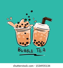 The bubble milk tea.Black pearl milk tea is famous drink large and small cup vector.