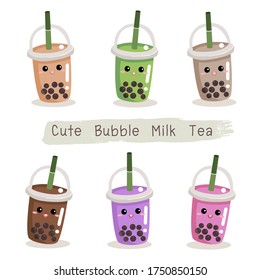 The bubble milk tea.Black pearl milk tea is famous drink many cup vector. Cute face bubble milk tea.