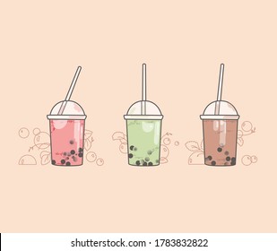 The bubble milk tea.Black pearl milk tea is famous drink many cup vector. Fresh, boba. 
Popular Korean drink.