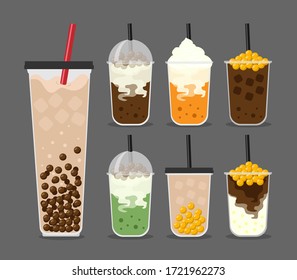 Bubble Milk Tea,Bubble Green Milk Tea,Bubble Milk Tea,Bubble Cocoa,Black Pearls,Golden Pearls,Golden Bubble, Large Size And Small Cup Vector Illustration