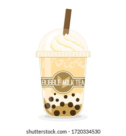 Die Blase Milch Tee, hat braune Perlen und Eis im Inneren, Whippige Sahne und Karamelll oben, für Geschäfte, für Werbeschilder, Minimalstil, einzeln auf weißem Hintergrund, Vektorgrafik.