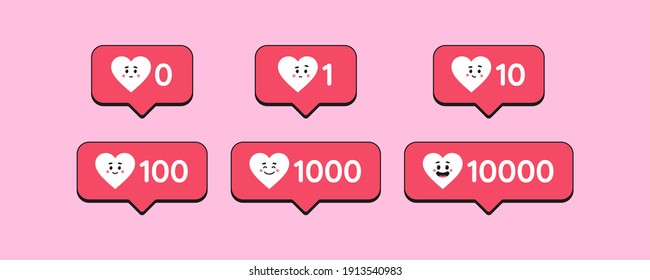 Bubble notification of like counter with cartoon heart and face expressions. Joy growth with increase the number of likes. Account and profile promotion in social networks. Vector illustration